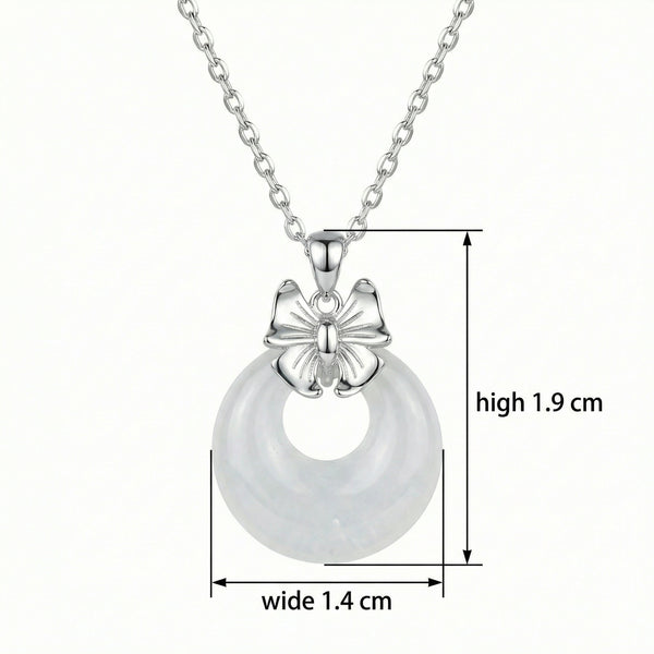 Bow Knot & White Jade Pendant Necklace | 925 Sterling Silver