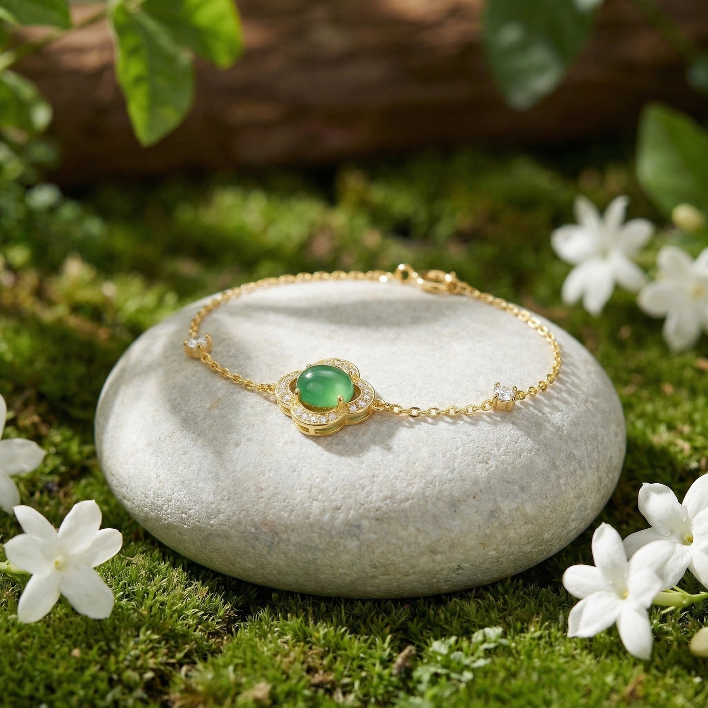Green Chalcedony Clover Bracelet — Lucky Symbol | 925 Sterling Silver
