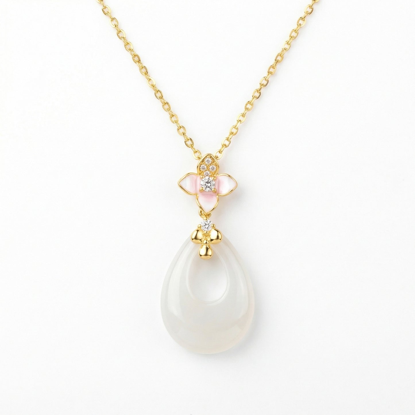 Pink Blossom Jadeite Teardrop Pendant Necklace | 925 Sterling Silver