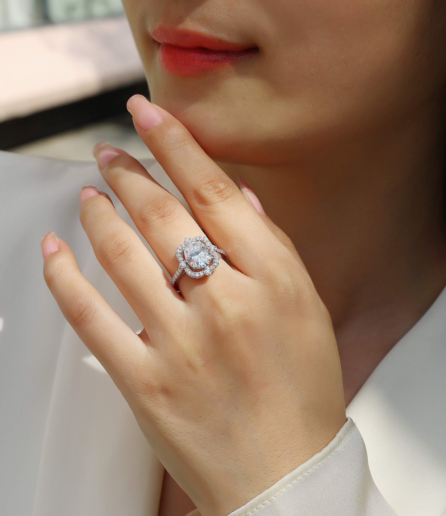 Camellia Floral Halo Moissanite Ring | 925 Sterling Silver