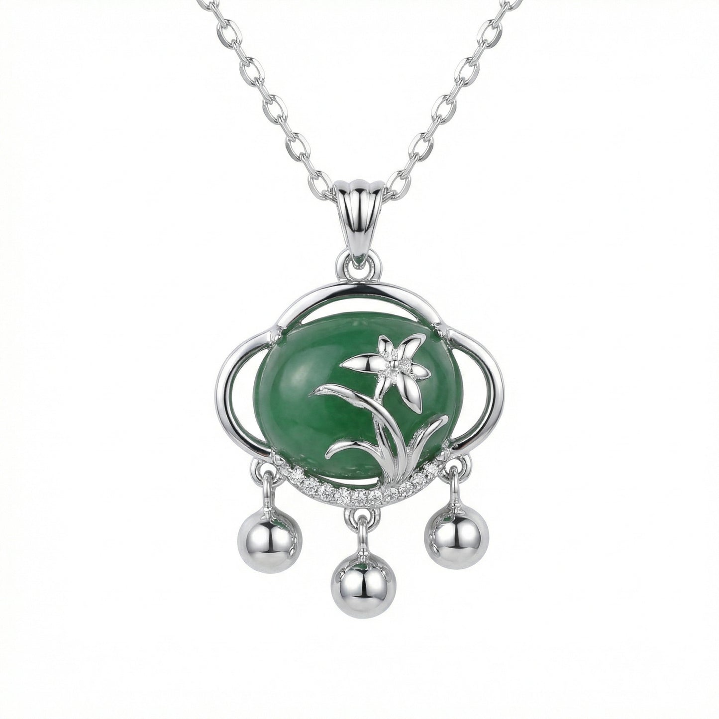 Floral Green Jade Charm Pendant Necklace | 925 Sterling Silver