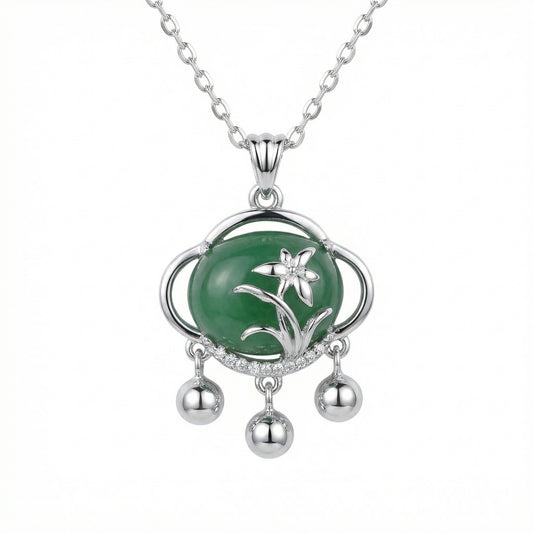 Floral Green Jade Charm Pendant Necklace | 925 Sterling Silver