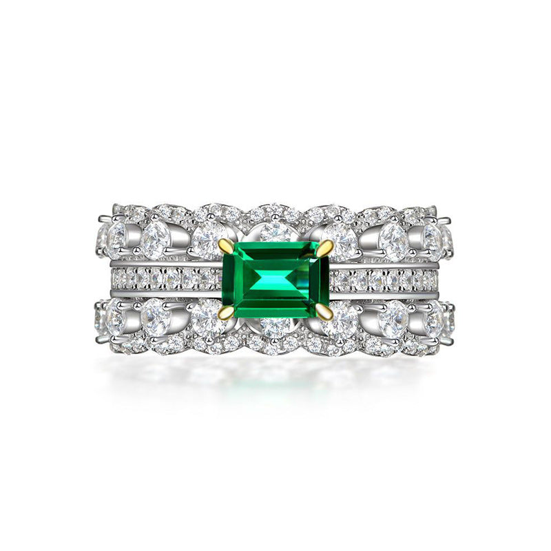 Double-Row Emerald Stone Ring — Vintage Glamour | 925 Sterling Silver