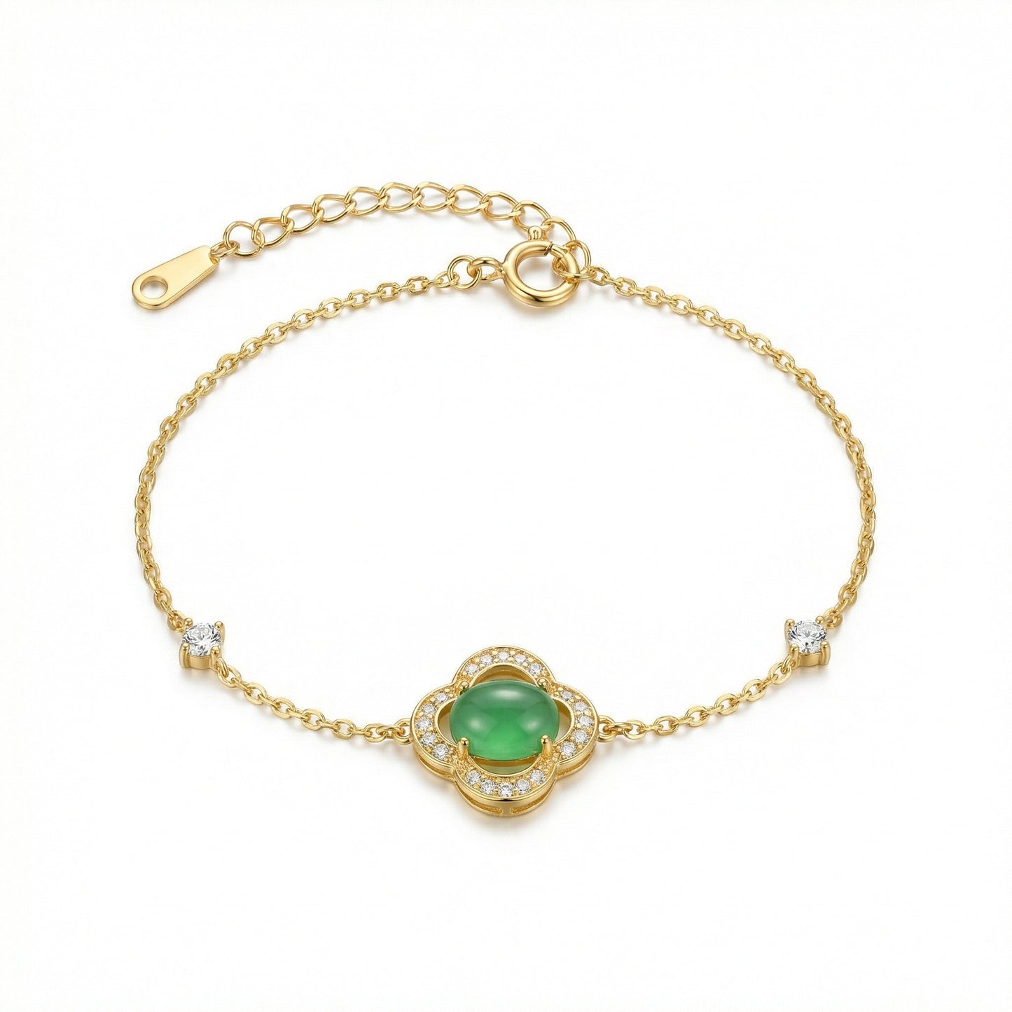 Green Chalcedony Clover Bracelet — Lucky Symbol | 925 Sterling Silver