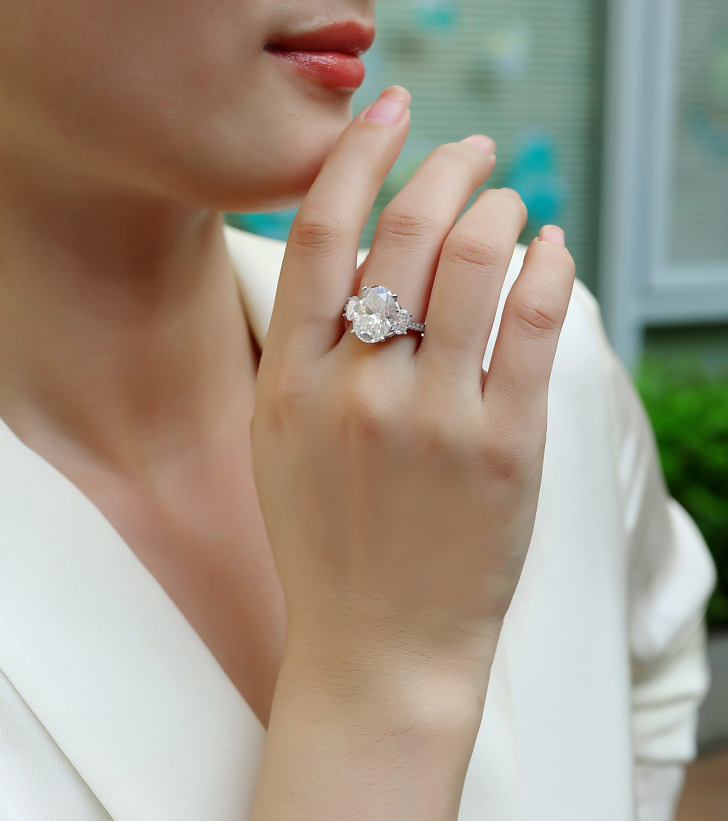 Crown of Radiance Oval Moissanite Three-Stone Ring | 925 Sterling Silver