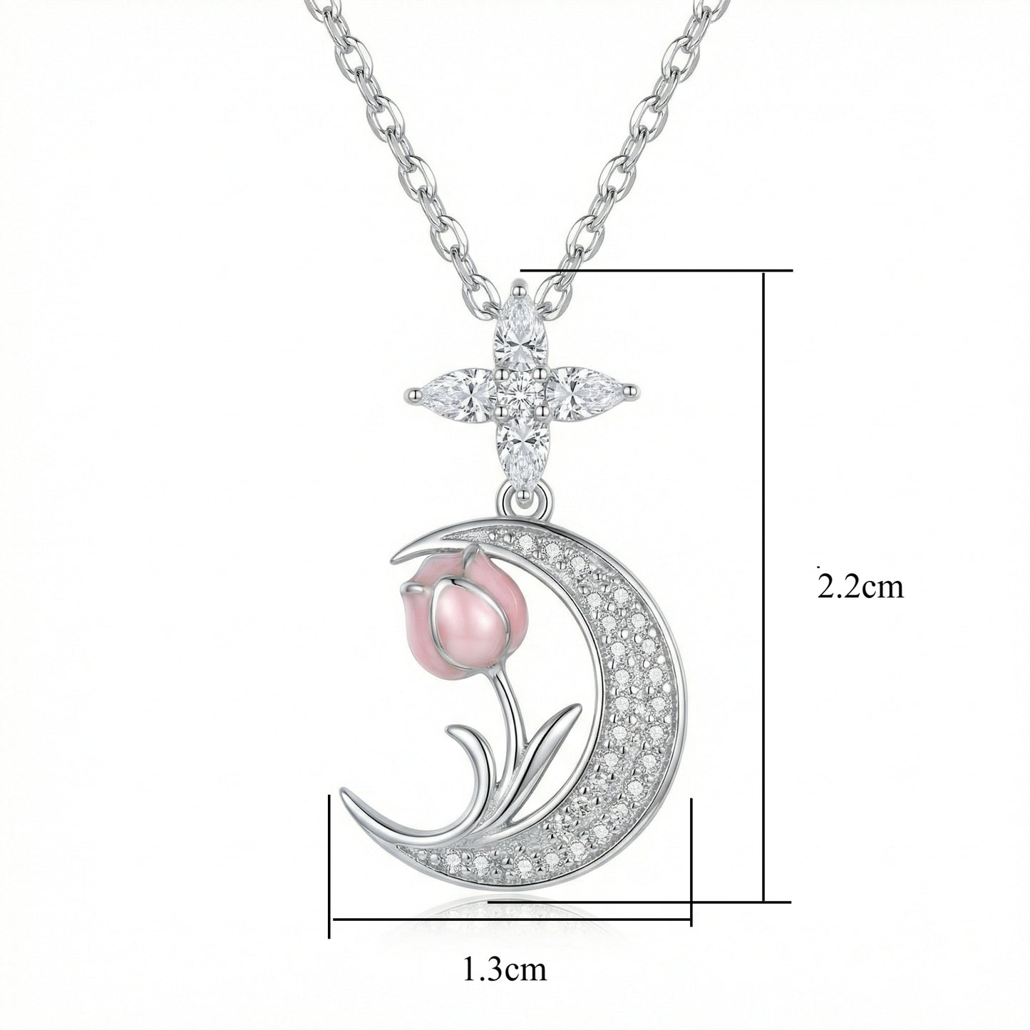 Crescent Moon & Pink Tulip Pendant Necklace | 925 Sterling Silver