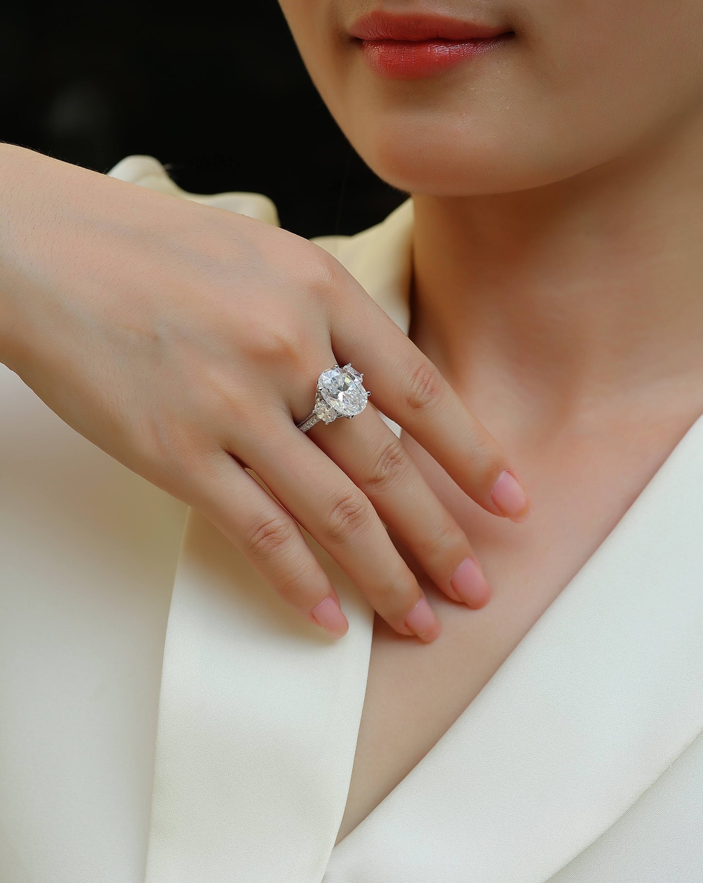 Crown of Radiance Oval Moissanite Three-Stone Ring | 925 Sterling Silver
