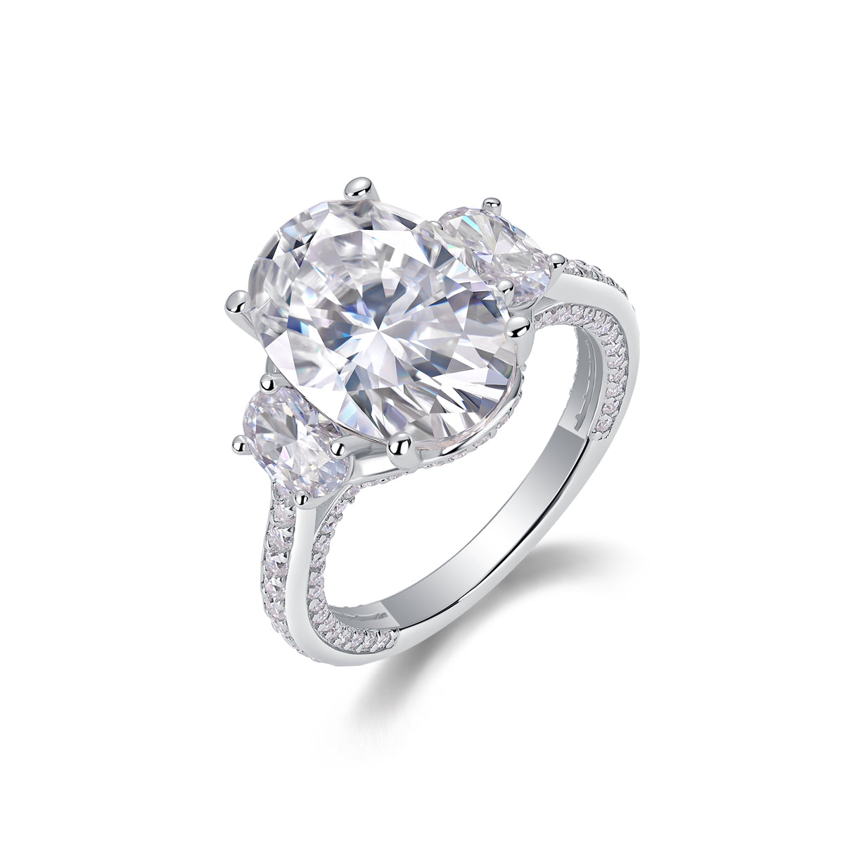 Crown of Radiance Oval Moissanite Three-Stone Ring | 925 Sterling Silver