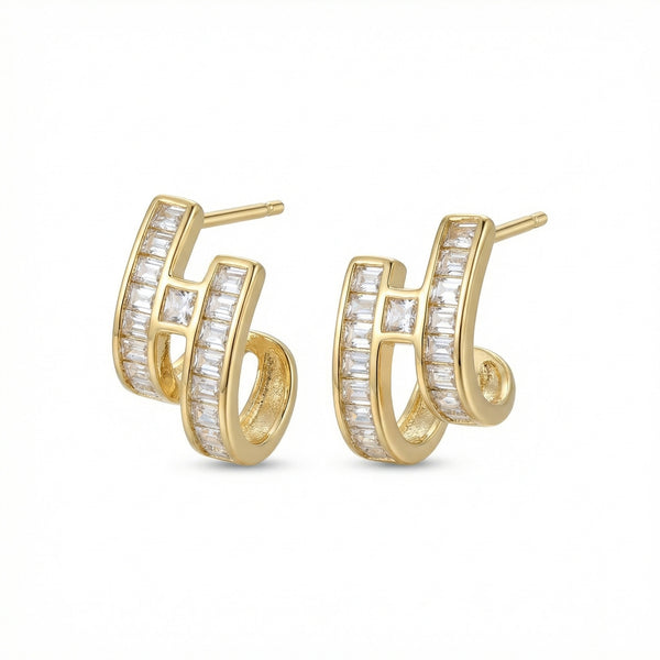 Baguette CZ Double Hoop Earrings | 925 Sterling Silver