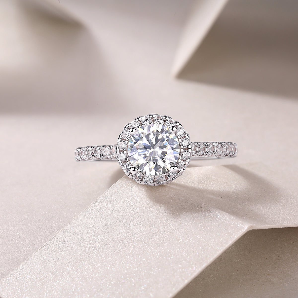 Embrace round halo moissanite ring in 925 sterling silver