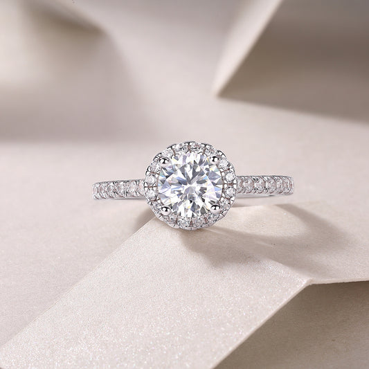 Embrace round halo moissanite ring in 925 sterling silver