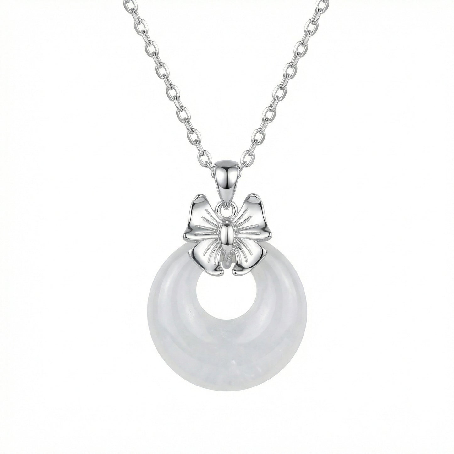 925 Sterling Silver Bow Knot & White Jade Pendant Necklace