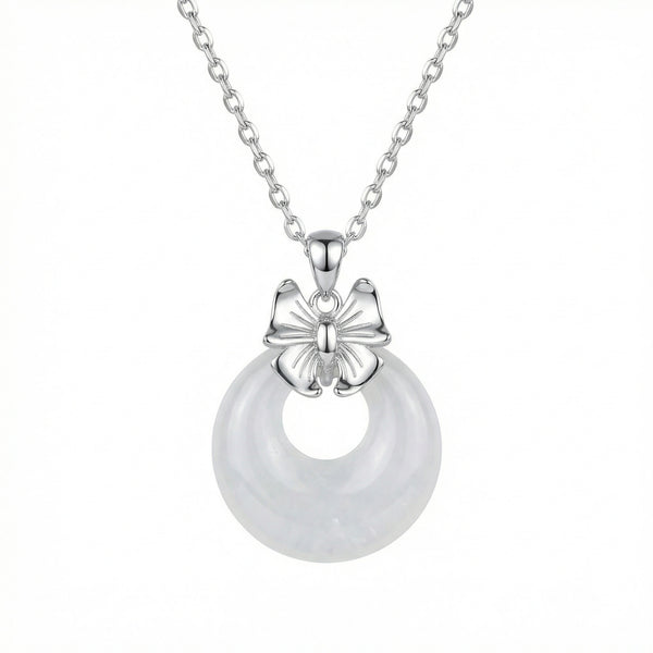 Bow Knot & White Jade Pendant Necklace | 925 Sterling Silver