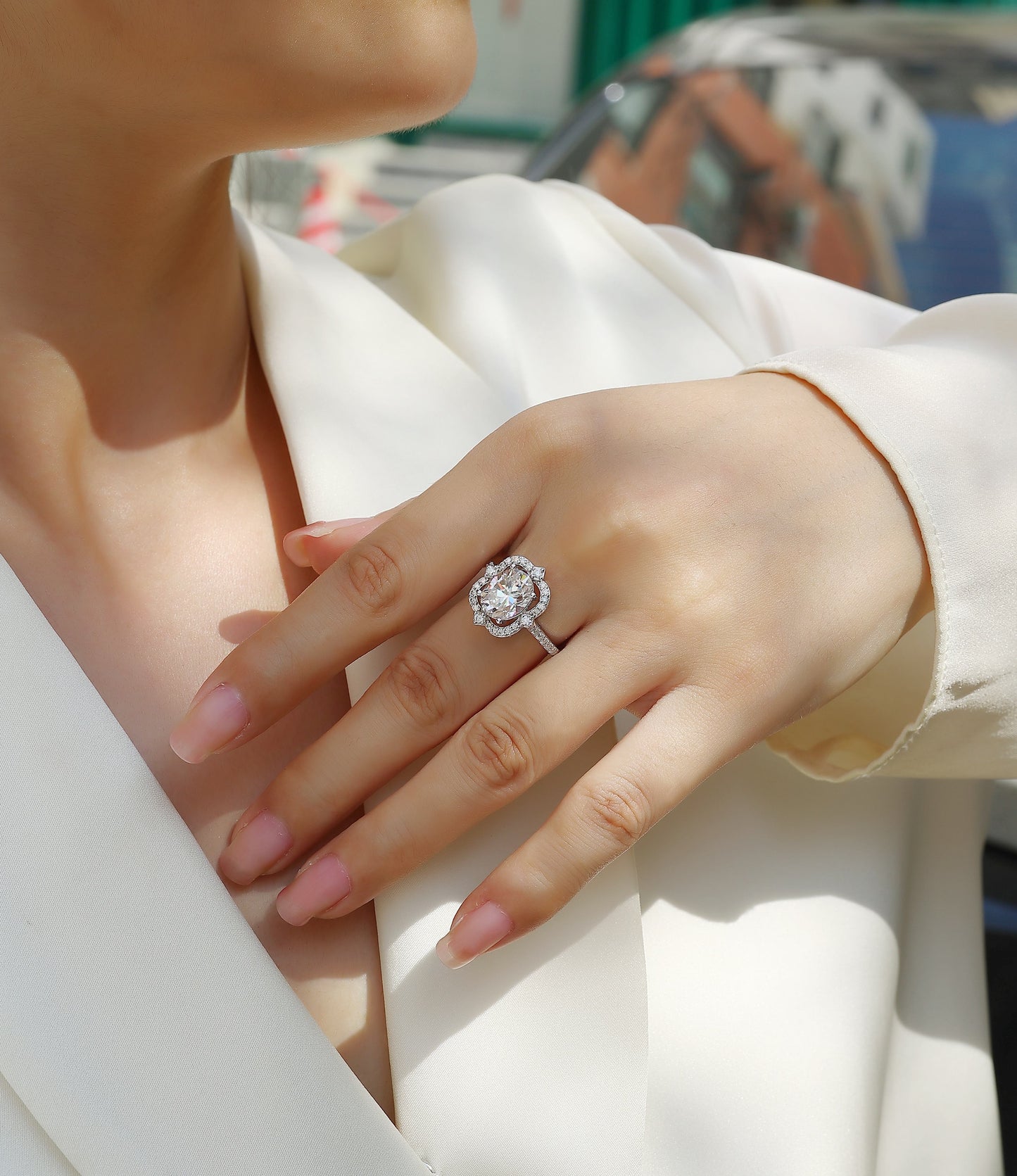 Camellia Floral Halo Moissanite Ring | 925 Sterling Silver