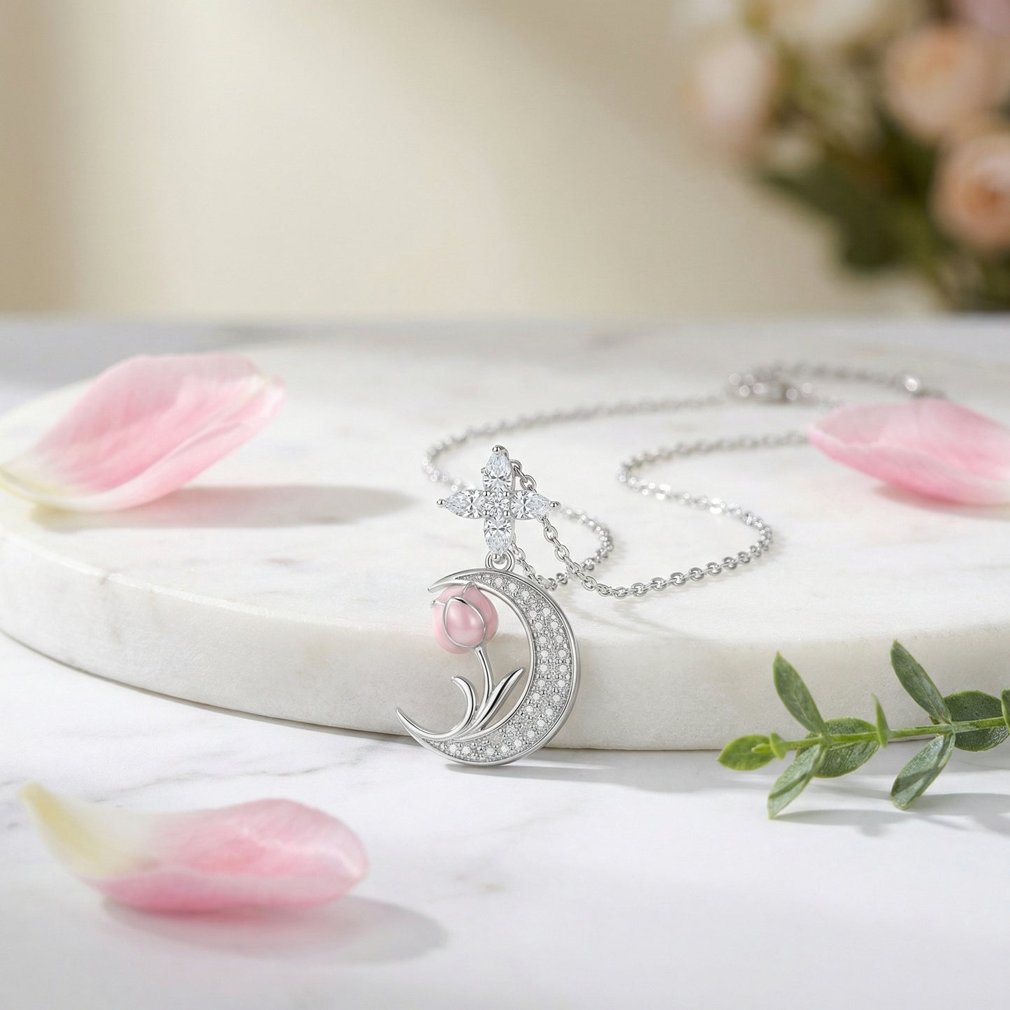 Crescent Moon & Pink Tulip Pendant Necklace | 925 Sterling Silver