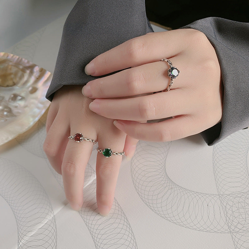 Rainbow Zircon Chain Ring — Colorful Stack | 925 Sterling Silver