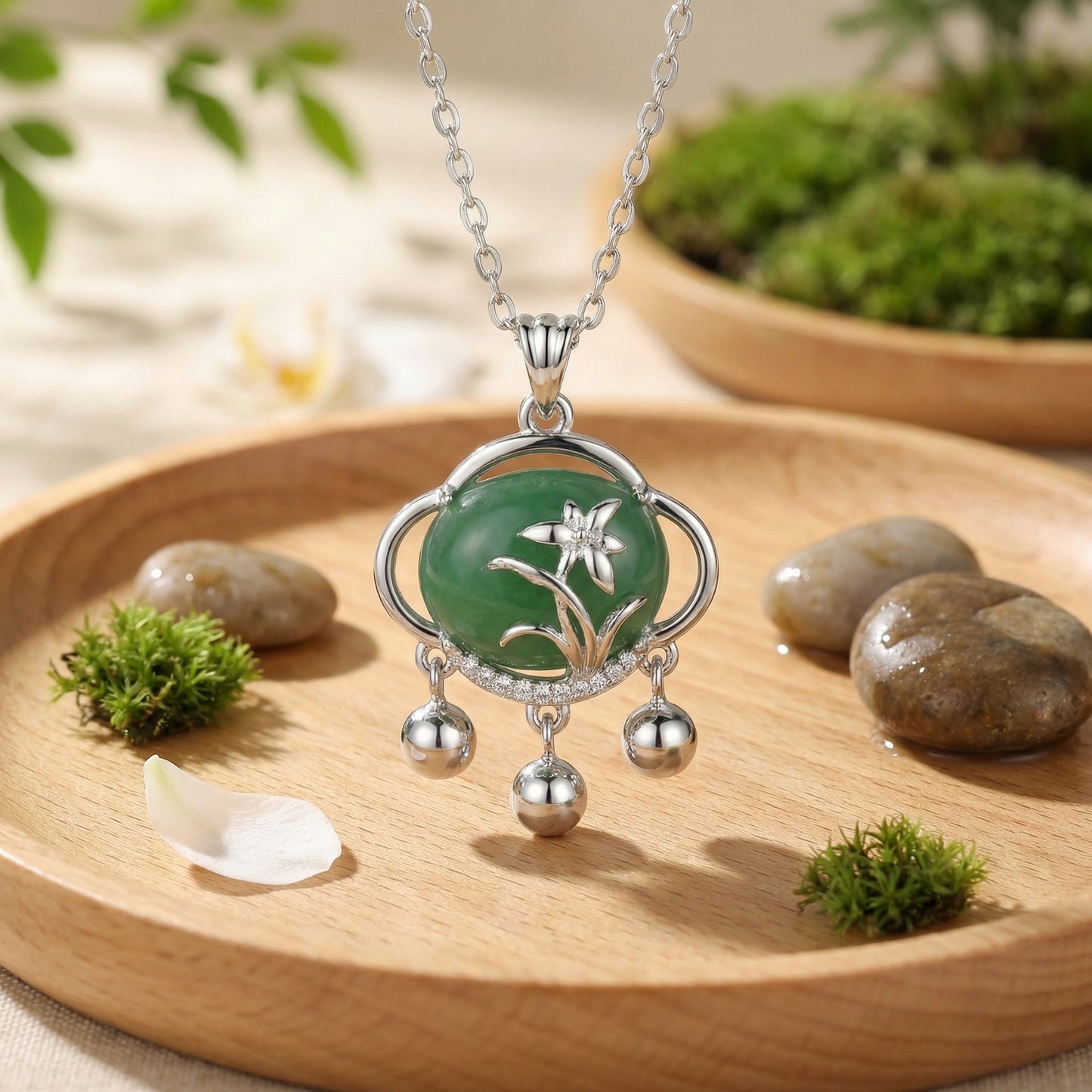 Floral Green Jade Charm Pendant Necklace | 925 Sterling Silver