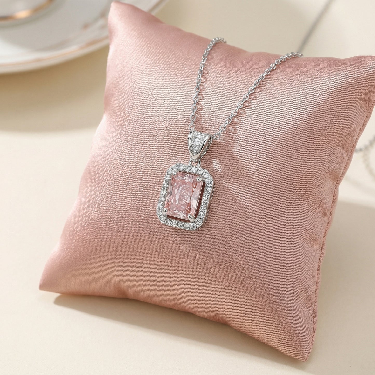 Pink Gemstone Halo Pendant Necklace — Radiant Cut | 925 Sterling Silver