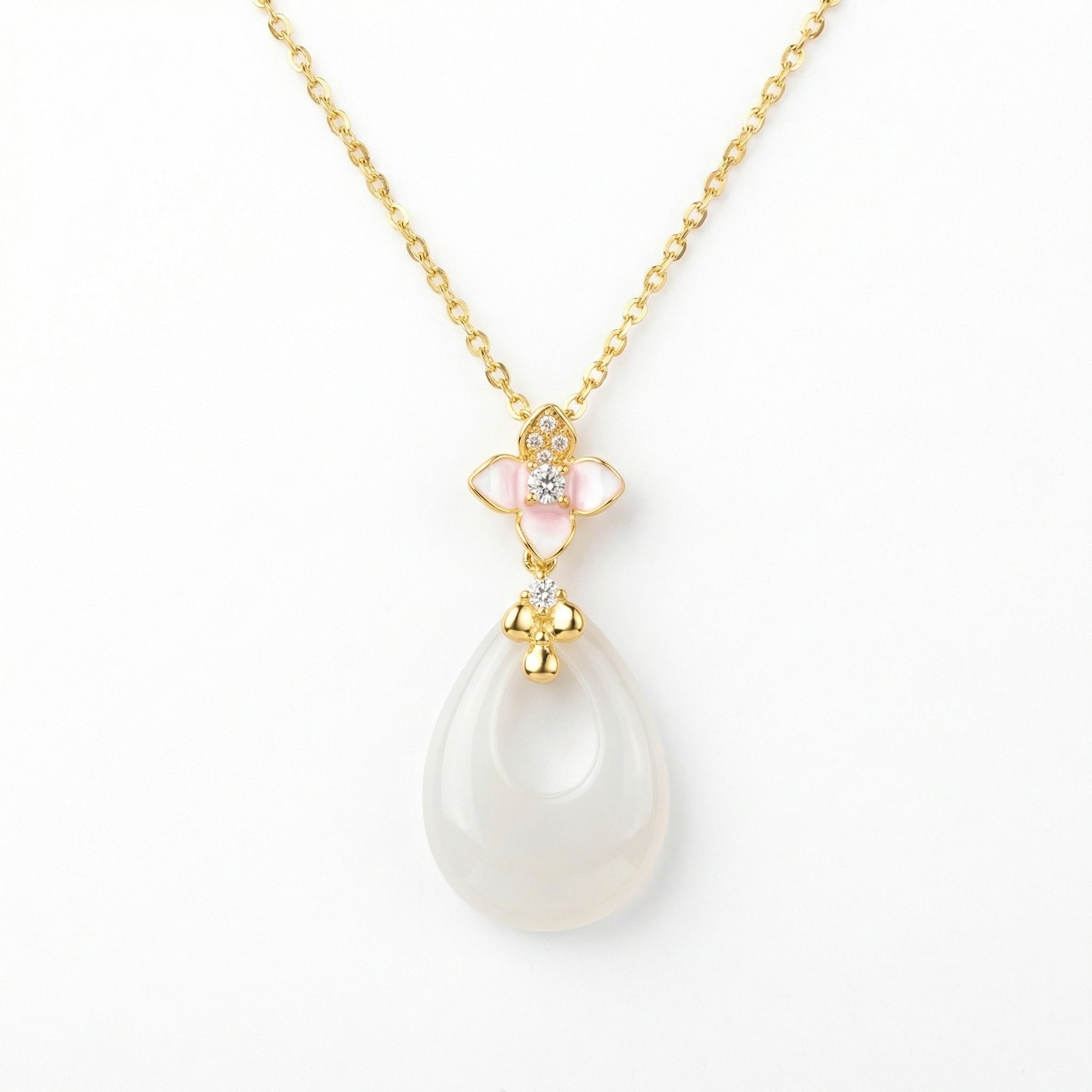 Pink Blossom Jadeite Teardrop Pendant Necklace | 925 Sterling Silver