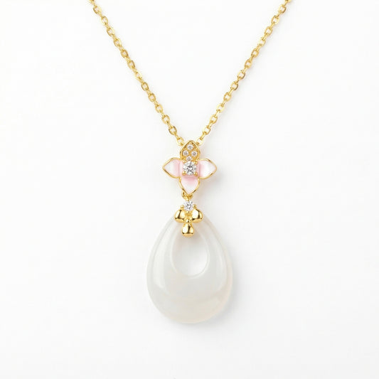Pink Blossom Jadeite Teardrop Pendant Necklace | 925 Sterling Silver
