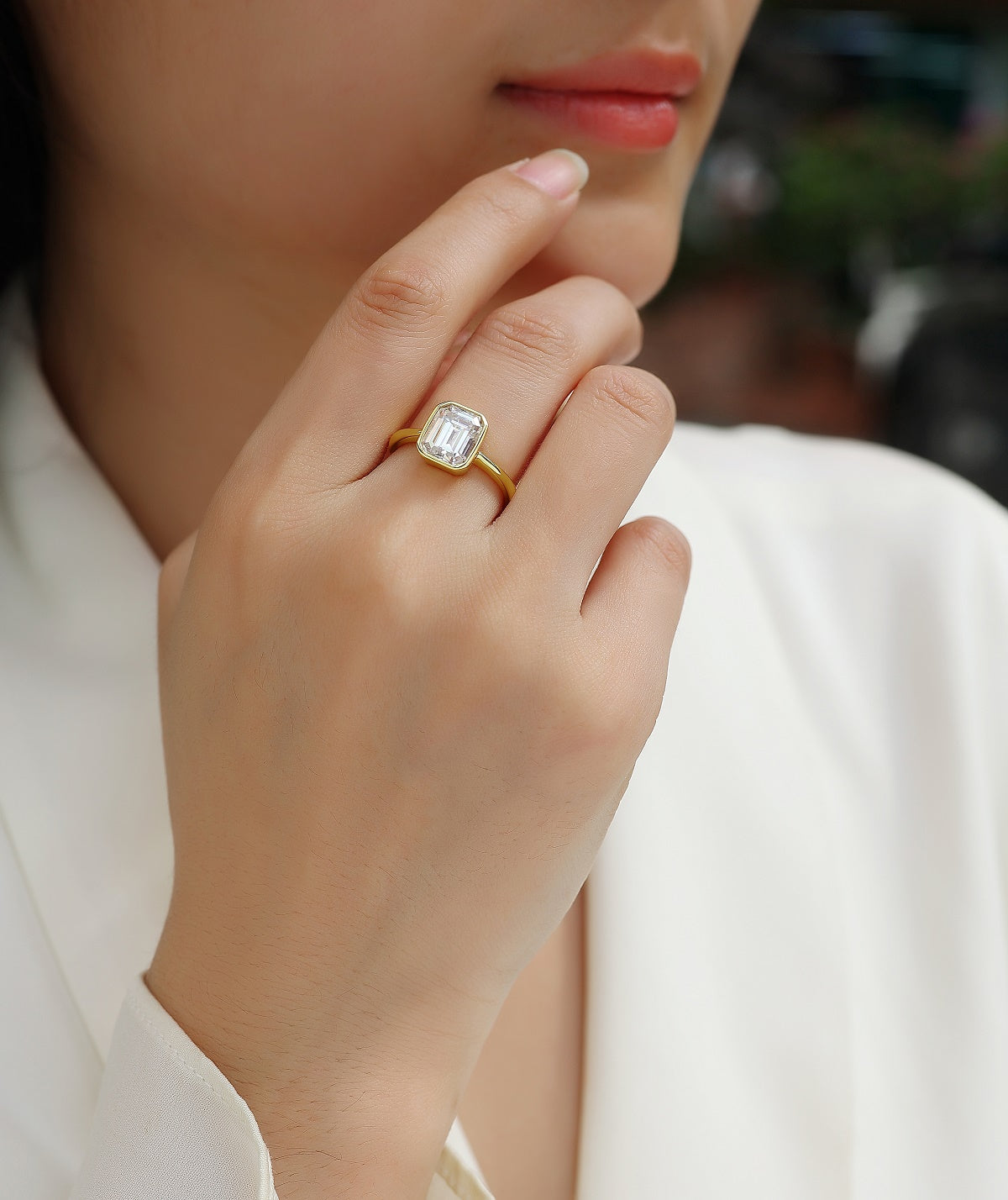 Pagoda Emerald-Cut Moissanite Engagement Ring | 925 Sterling Silver