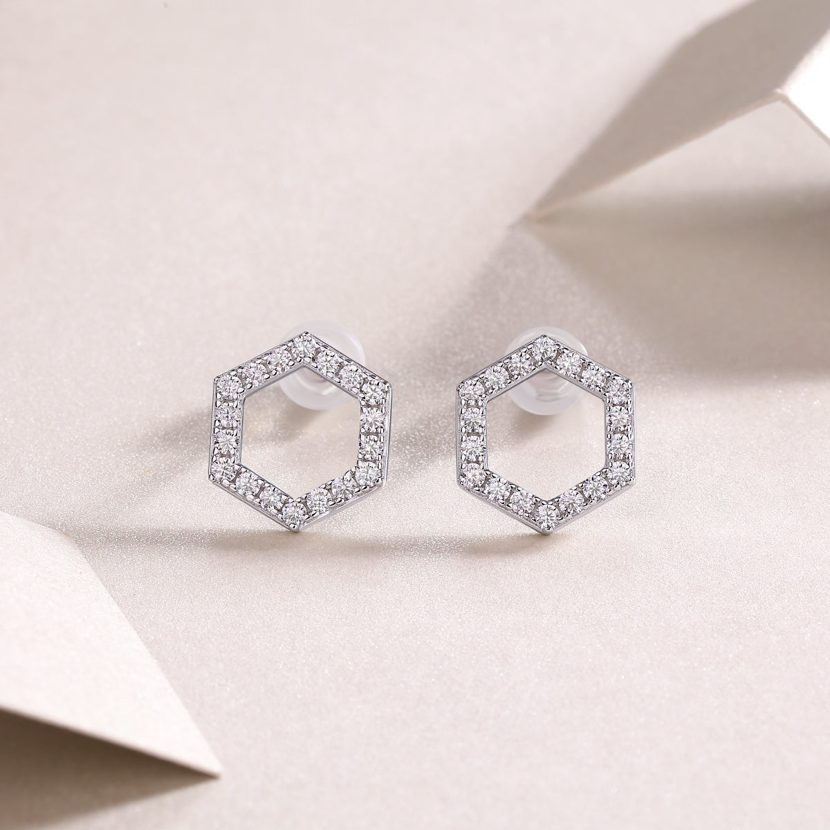 Empowering hexagon moissanite and pearl stud earrings in 925 sterling silver