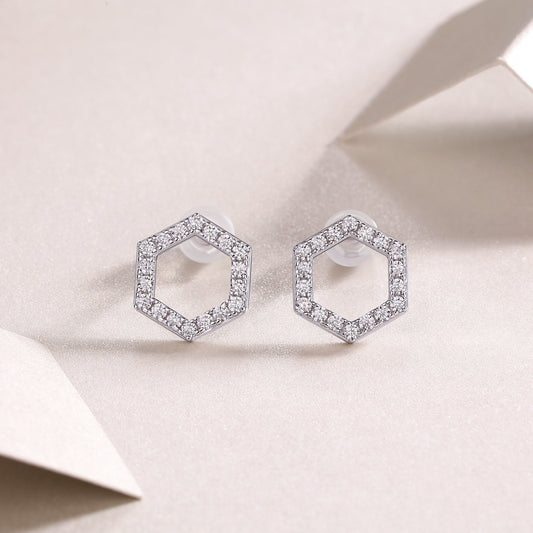 Empowering hexagon moissanite and pearl stud earrings in 925 sterling silver