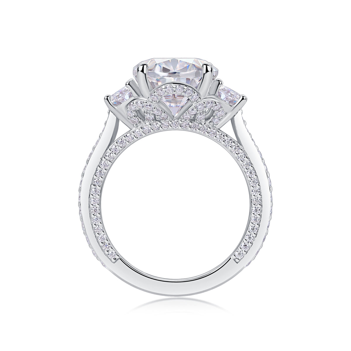 Crown of Radiance Oval Moissanite Three-Stone Ring | 925 Sterling Silver