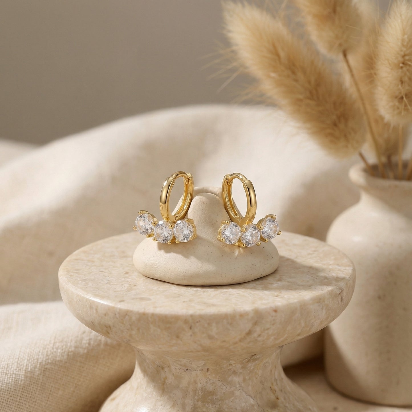 Triple Gemstone Huggie Hoop Earrings | 925 Sterling Silver