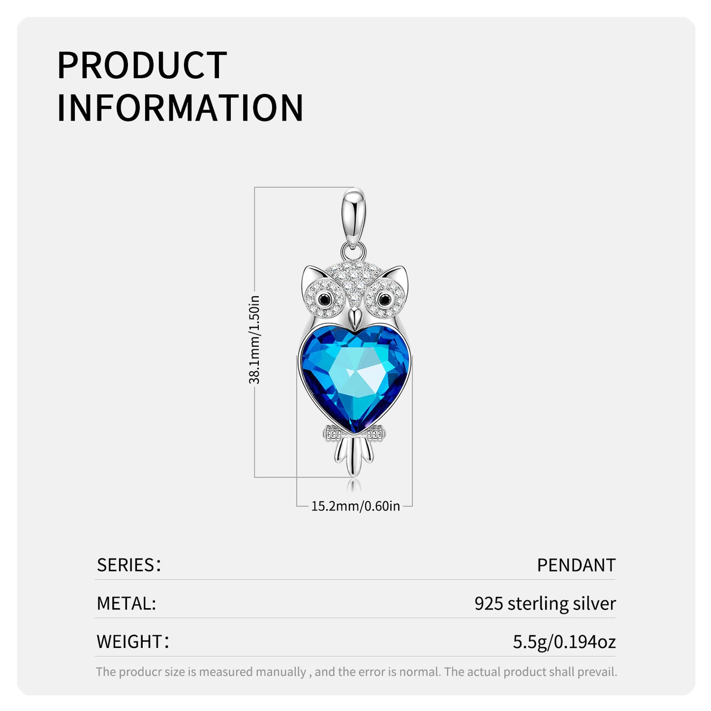 Owl Blue Crystal Pendant Necklace — Wisdom Symbol | 925 Sterling Silver