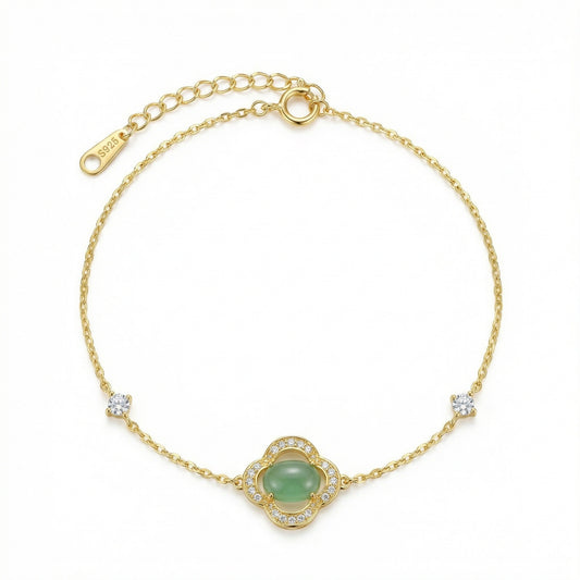 Green Chalcedony Clover Bracelet — Lucky Symbol | 925 Sterling Silver