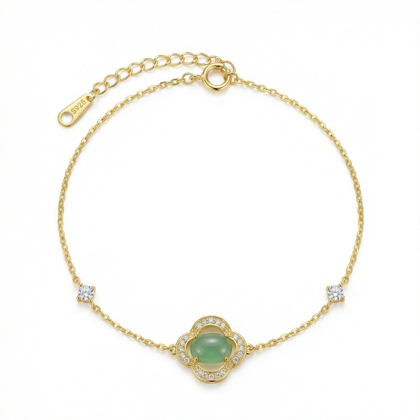 Green Chalcedony Clover Bracelet — Lucky Symbol | 925 Sterling Silver