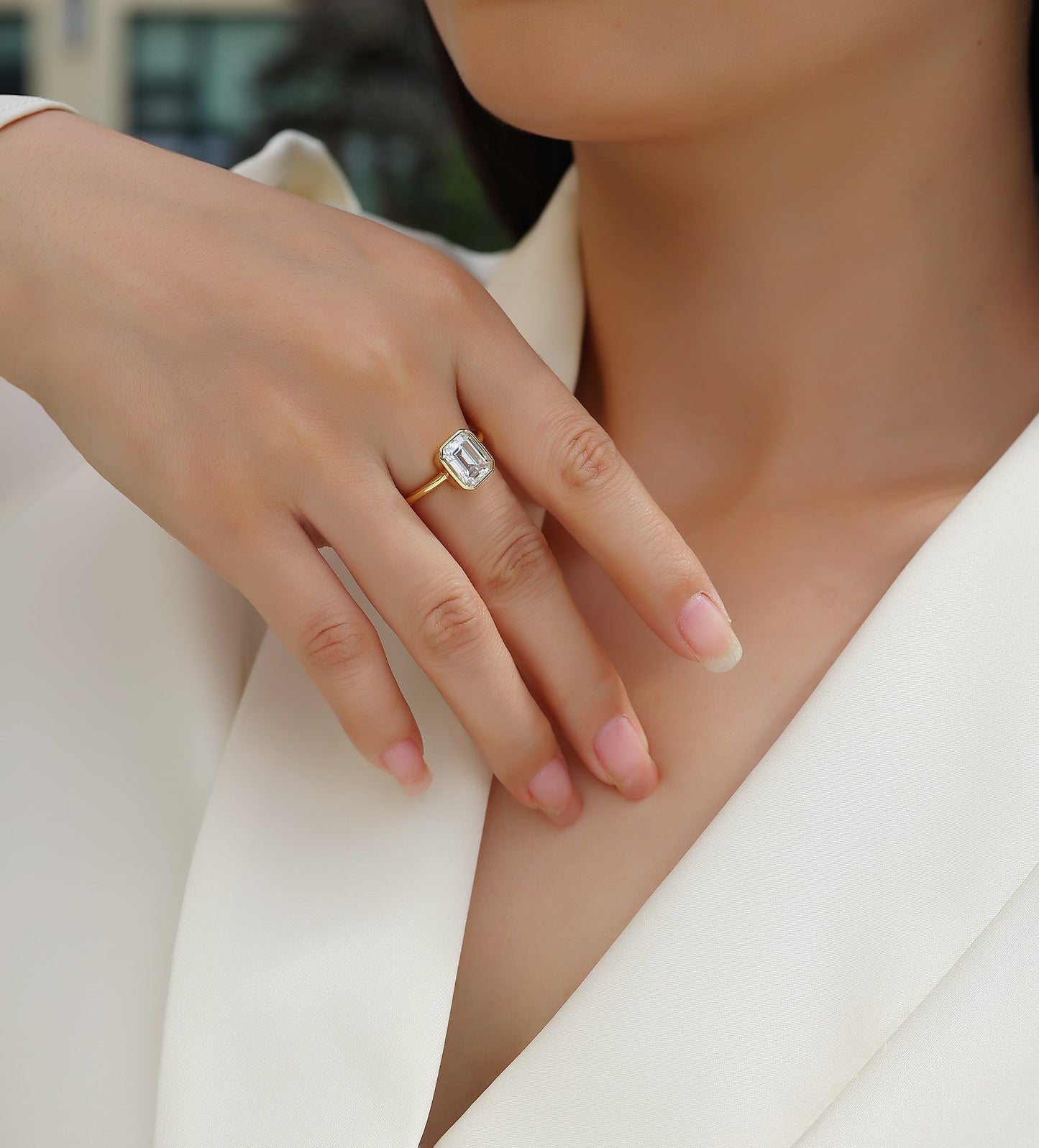 Pagoda Emerald-Cut Moissanite Engagement Ring | 925 Sterling Silver