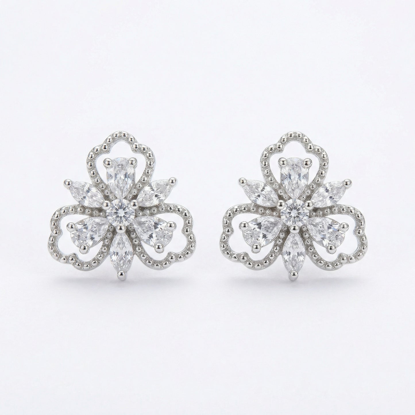 Trefoil Floral CZ Stud Earrings — Delicate Petals | 925 Sterling Silver