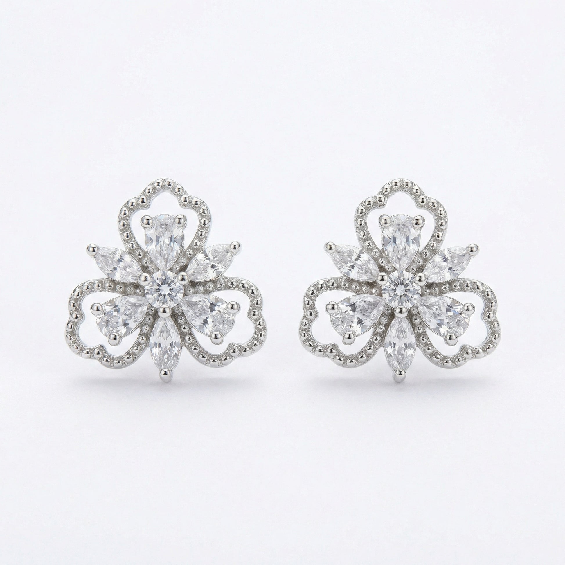 Trefoil Floral CZ Stud Earrings — Delicate Petals | 925 Sterling Silver