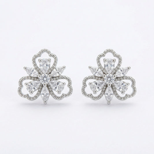 Trefoil Floral CZ Stud Earrings — Delicate Petals | 925 Sterling Silver