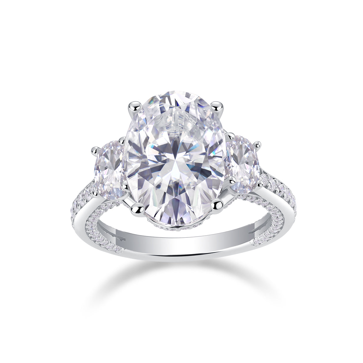 Crown of Radiance Oval Moissanite Three-Stone Ring | 925 Sterling Silver