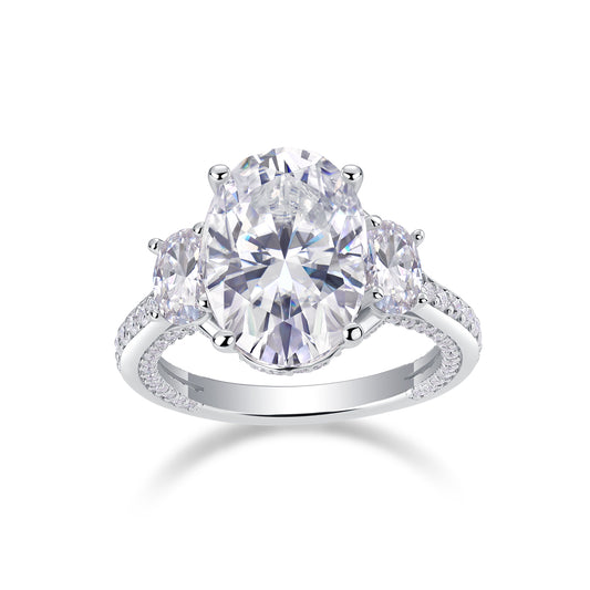 Crown of Radiance Oval Moissanite Three-Stone Ring | 925 Sterling Silver