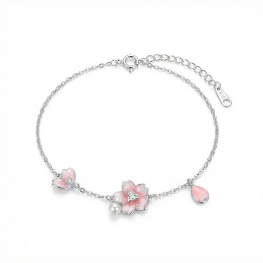 Cherry Blossom Bracelet — Pink Enamel & Pearl | 925 Sterling Silver