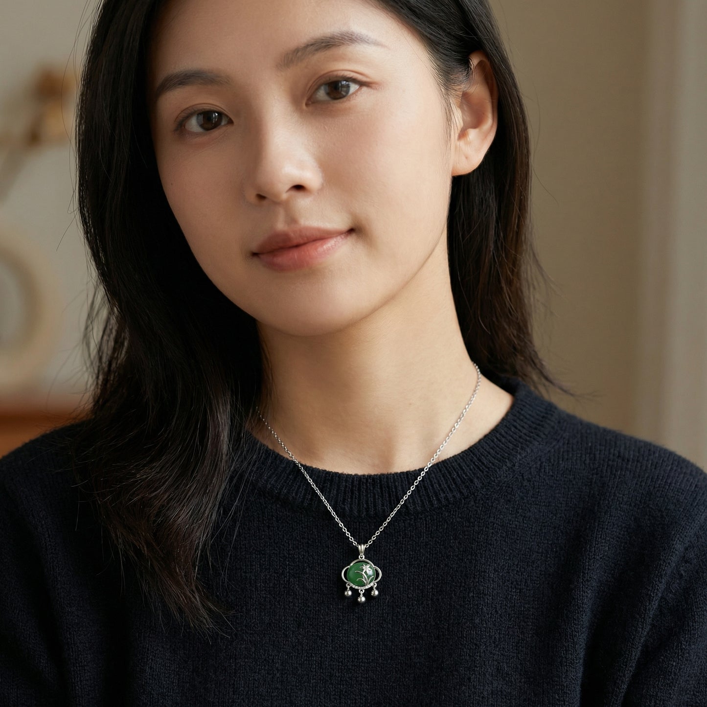 Floral Green Jade Charm Pendant Necklace | 925 Sterling Silver