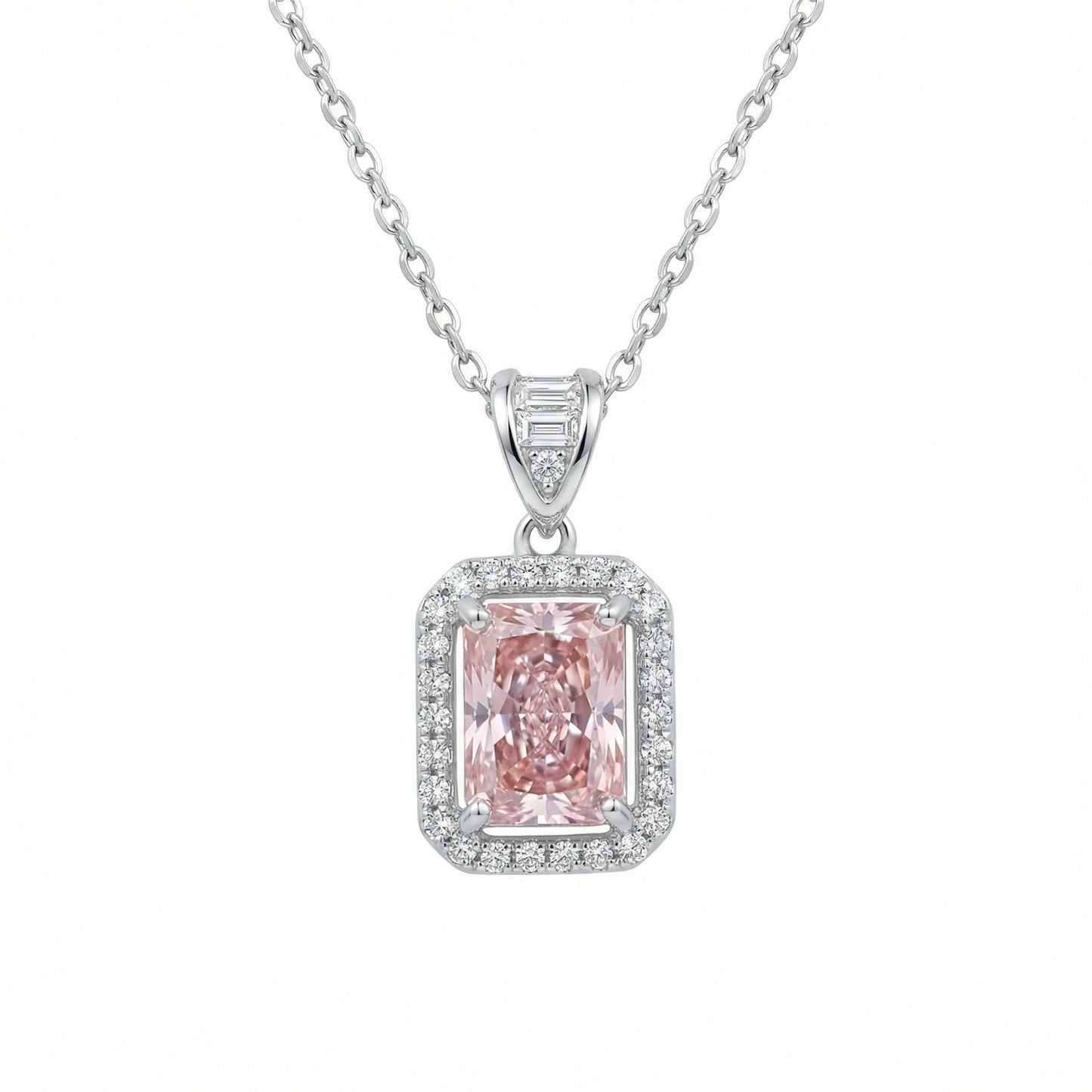 Pink Gemstone Halo Pendant Necklace — Radiant Cut | 925 Sterling Silver