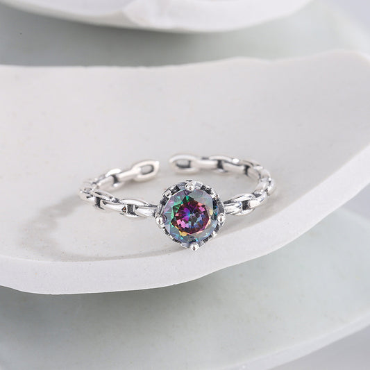 Rainbow Zircon Chain Ring — Colorful Stack | 925 Sterling Silver