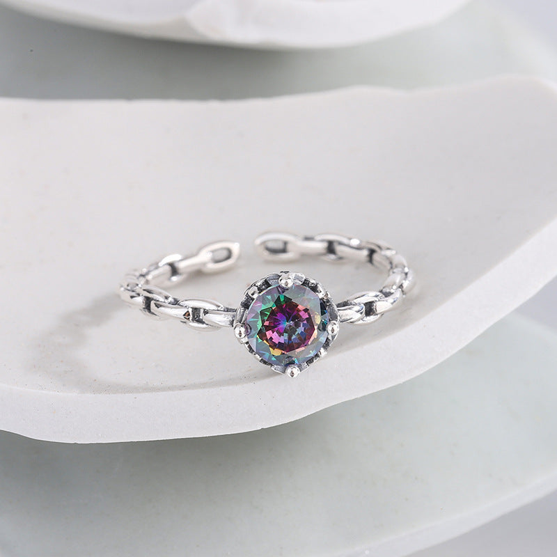 Rainbow Zircon Chain Ring — Colorful Stack | 925 Sterling Silver