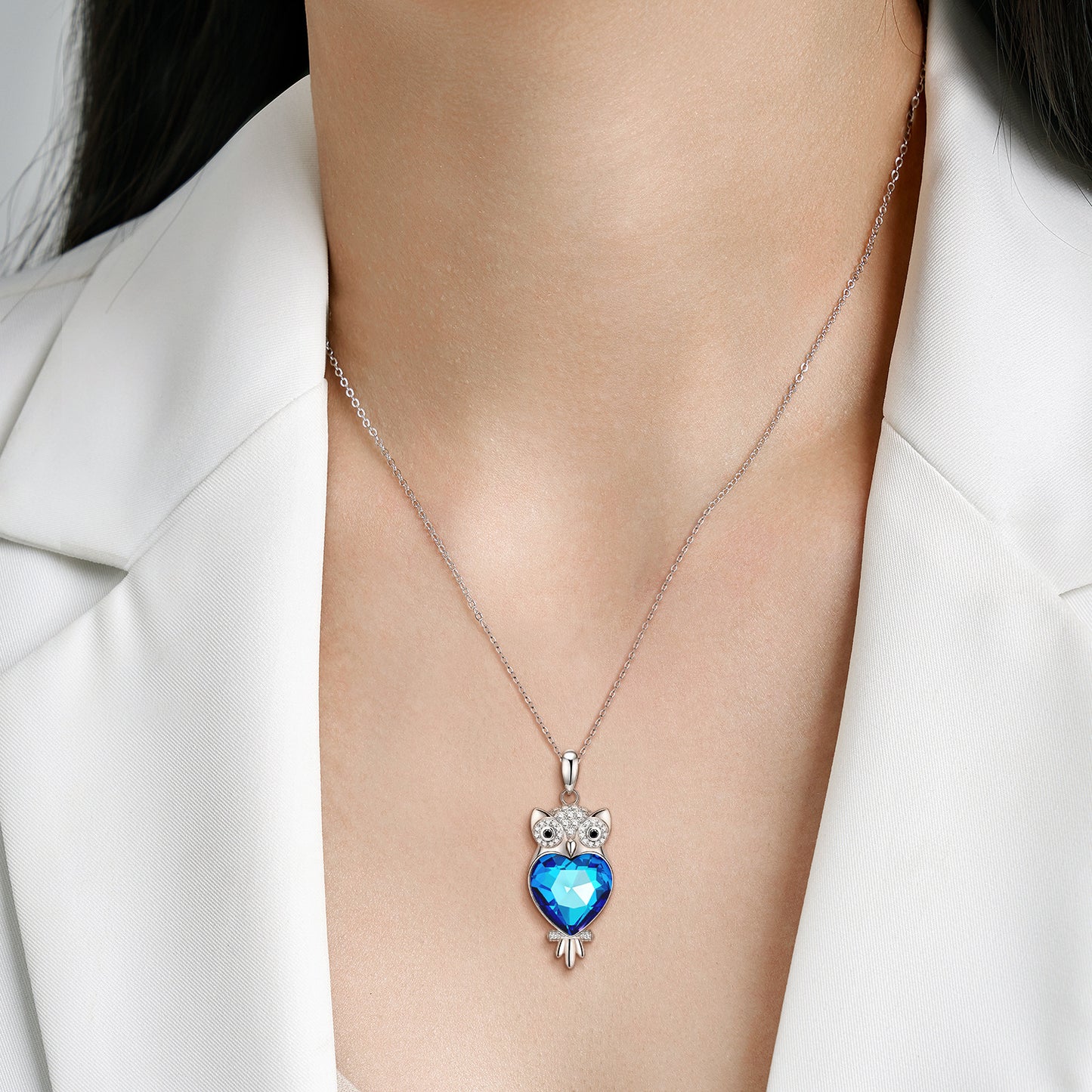 Owl Blue Crystal Pendant Necklace — Wisdom Symbol | 925 Sterling Silver