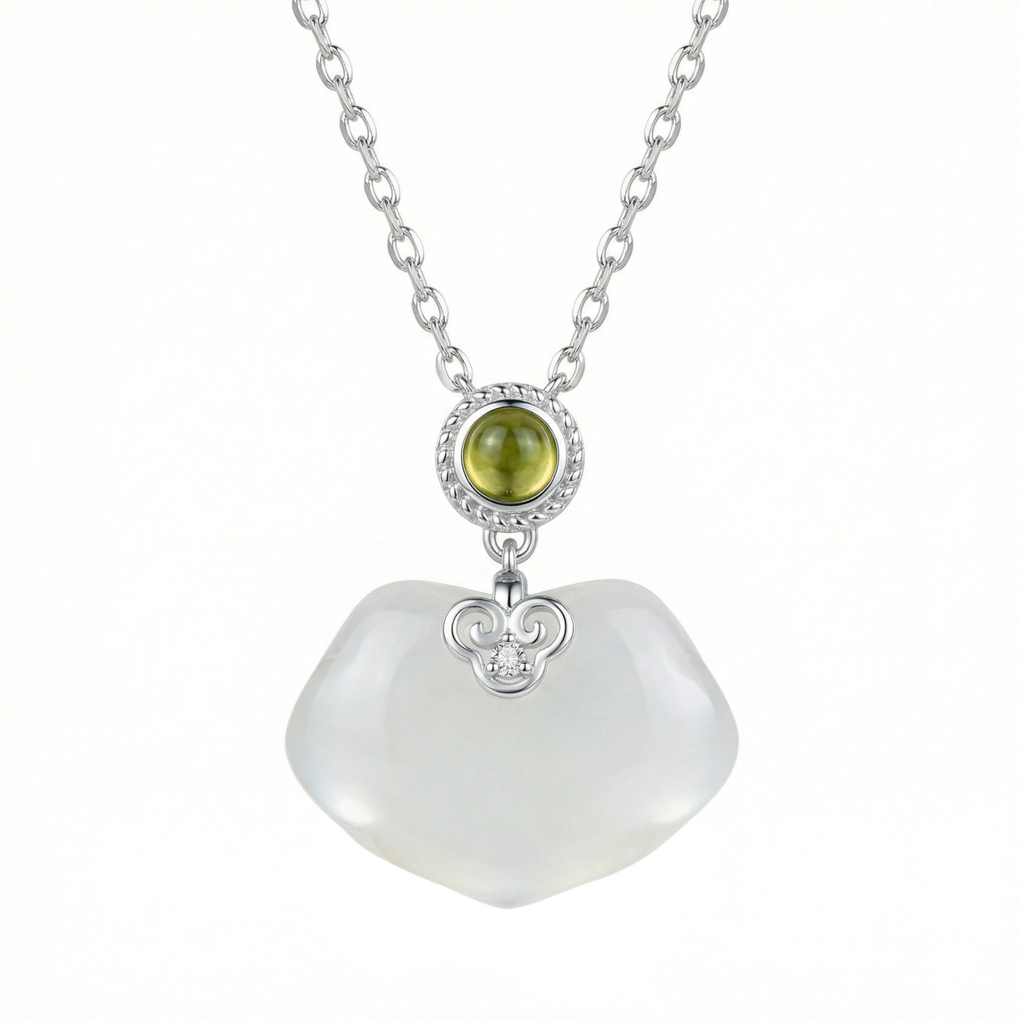 Heart-Shaped White Jade & Peridot Pendant Necklace | 925 Sterling Silver