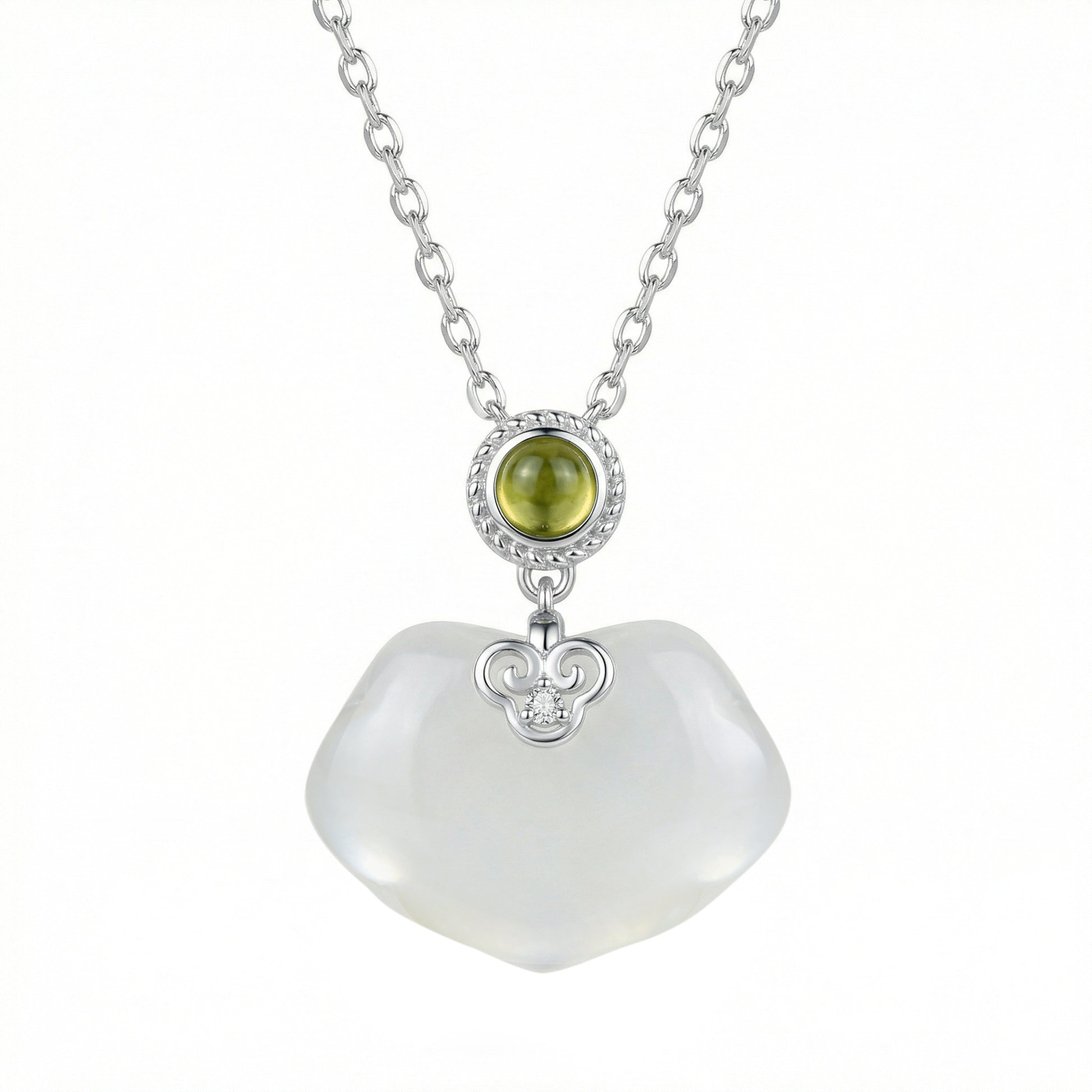Heart-Shaped White Jade & Peridot Pendant Necklace | 925 Sterling Silver