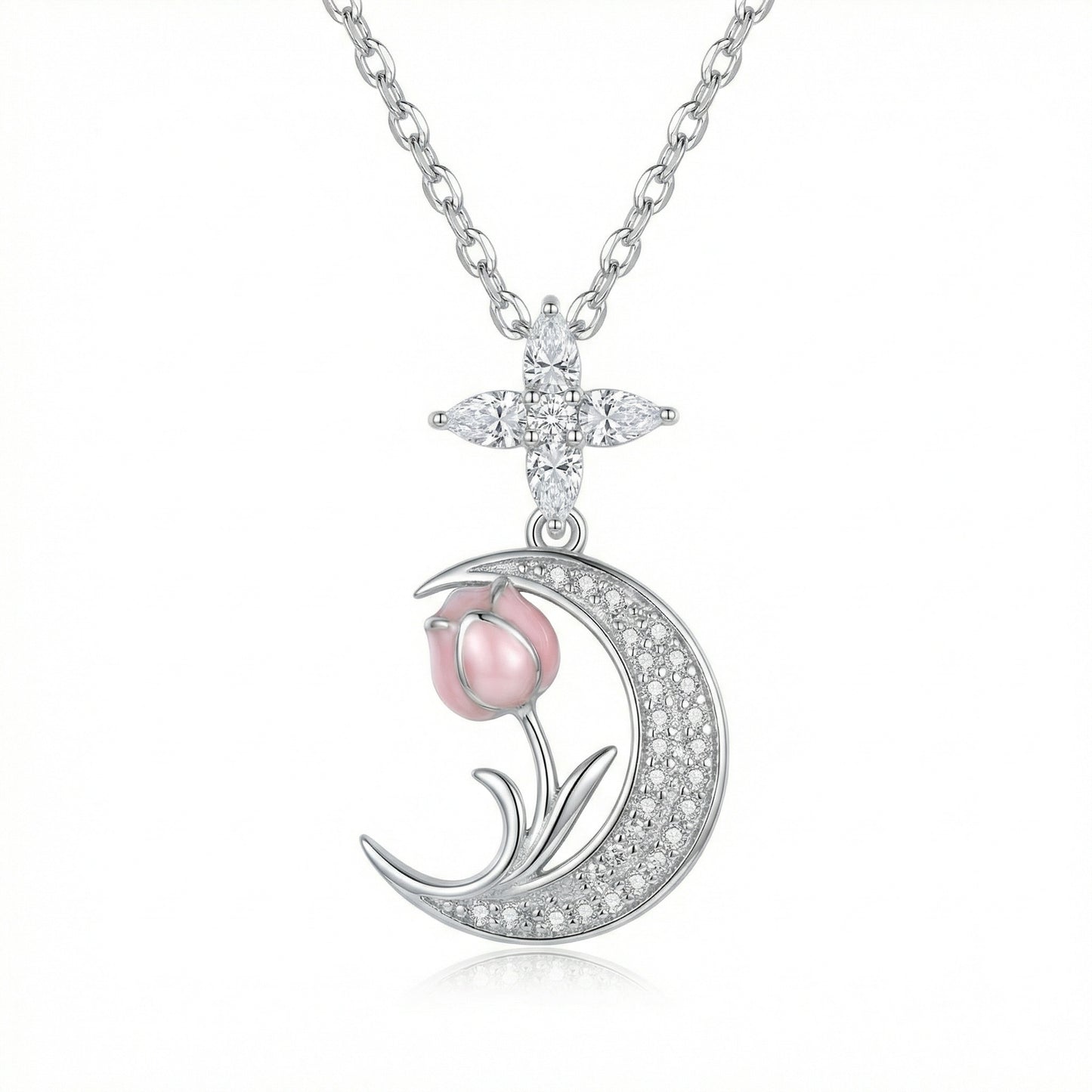Crescent Moon & Pink Tulip Pendant Necklace | 925 Sterling Silver