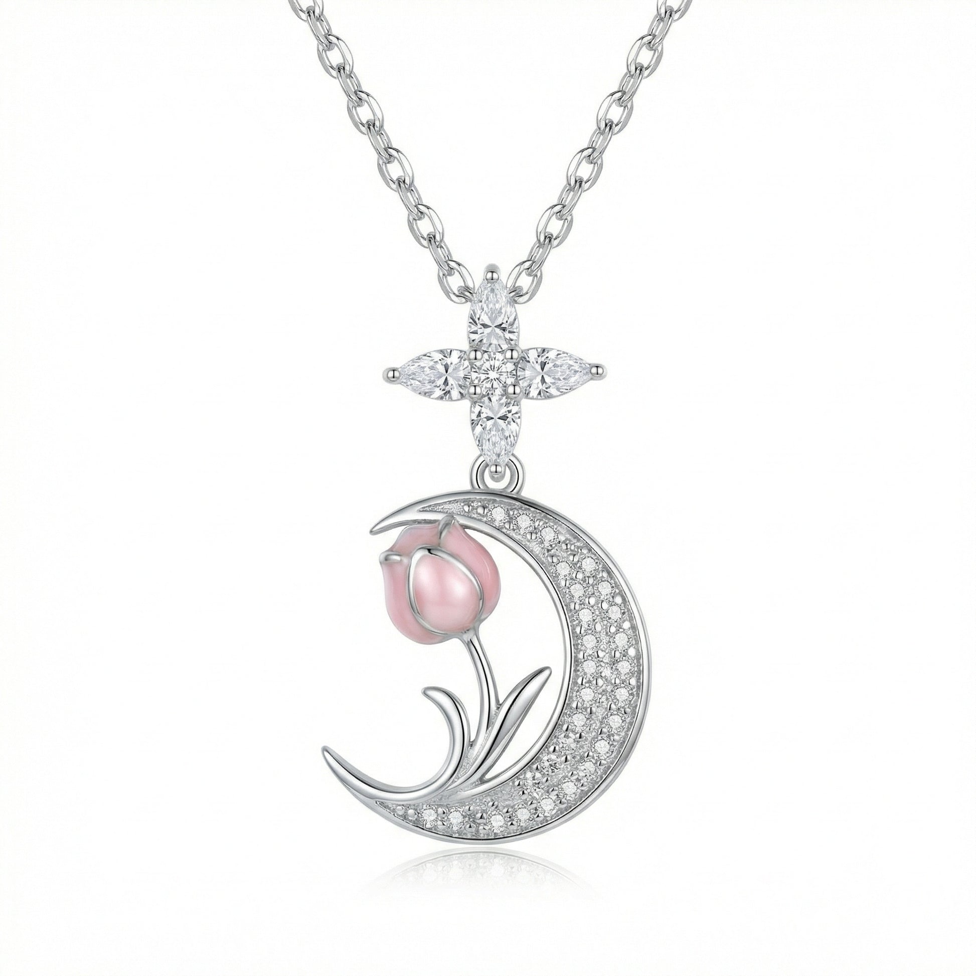 Crescent Moon & Pink Tulip Pendant Necklace | 925 Sterling Silver