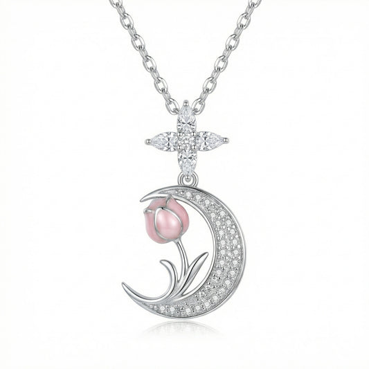 Crescent Moon & Pink Tulip Pendant Necklace | 925 Sterling Silver