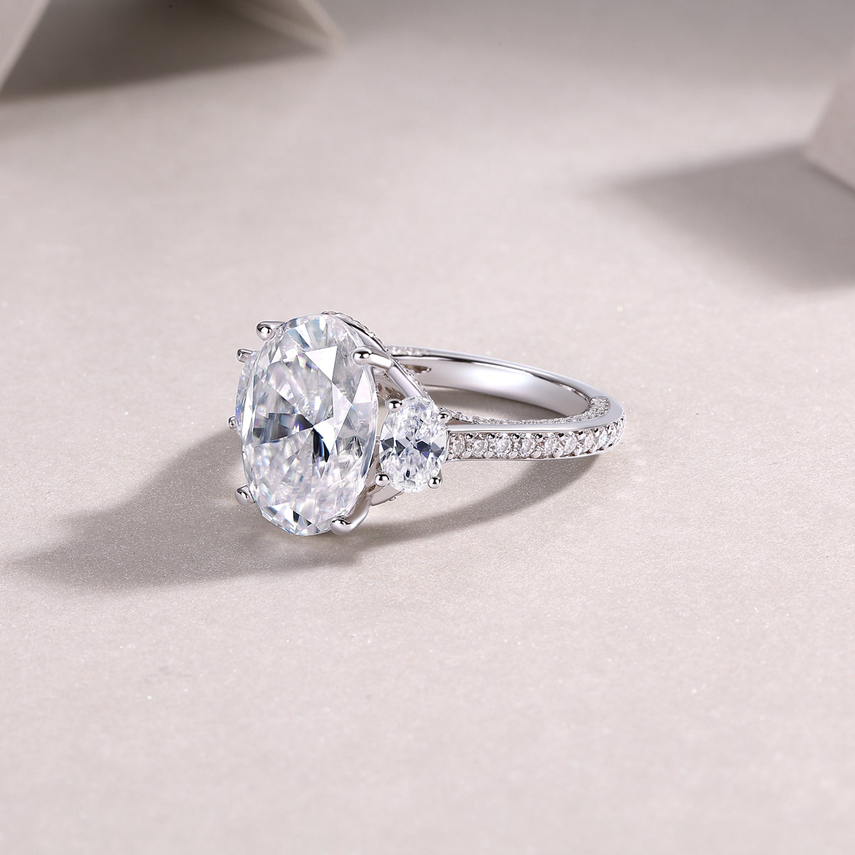 Crown of Radiance Oval Moissanite Three-Stone Ring | 925 Sterling Silver